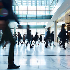 Dynamic shot of a bright and vibrant modern office space, with people walking in blurred motion. Conveys productivity and efficiency in a bustling business workplace.