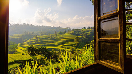 view from window at a wonderful landscape nature view with rice terraces . Ai Generative