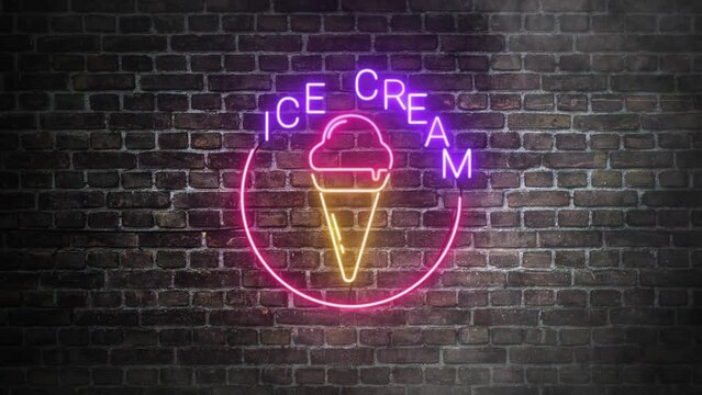 Ice cream neon signboard on bricks wall background. Ice cream logo or symbol in pink, purple and yellow neon colors. Neon signboard with ice cream logo design. 