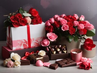 Chocolates, gifts, flowers, beautiful pink Valentine's Day