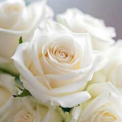 Close-up shot of a bouquet of elegant roses with pristine white petals, creating a serene and peaceful atmosphere.