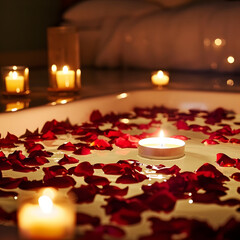 A sensual and romantic setting of a rose petal bath, enhanced by the soft illumination of candlelight.