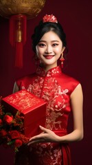 A Chinese bride, Wearing a red bridal dress, Holding a big gift box in his hand, With a smile, A red background, A festive atmosphere, Movie shot, Movie lighting with generative ai