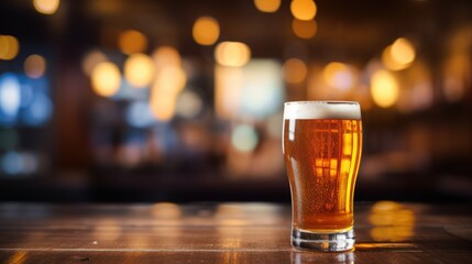 Close-up of a glass of beer with a blurred bartender and bar in the background.