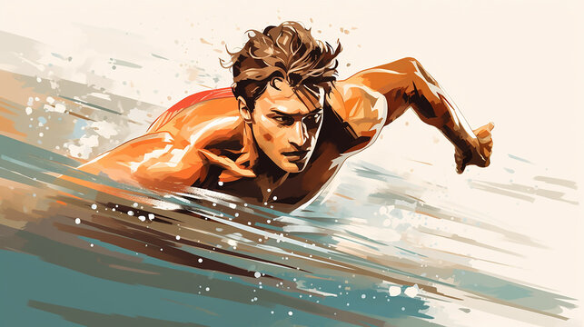 a digital sketch of a young athlete swimming practicing in a pool