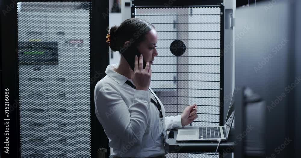 Poster Server room, woman and laptop with phone call, network and communication with connection, programmer and code. Person, employee and worker with a smartphone, internet and engineer in a workplace