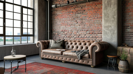 Living room in industrial style with leather sofa and brick wall . Ai Generative