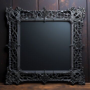 gothic style black metal frame on wooden wall