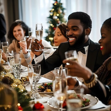 Portrait Of A Young Black Man At A Festive Christmas Dinner Table, Surrounded By Loved Ones. The Image Showcases A Heartwarming Moment Of Family And Friends Raising Glasses, Toasting And Celebrating T