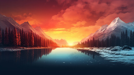 Fototapeta na wymiar sunset over the lake background 