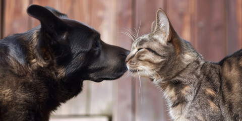  kiss between one dog and one cat, generative AI - obrazy, fototapety, plakaty