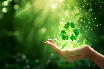 Fototapeta na wymiar Recycle logo symbol held in hand over green background. Generative Ai illustration