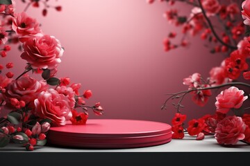 Fototapeta na wymiar rose background with a podium backdrop for product presentation. valentine concept. Generative AI