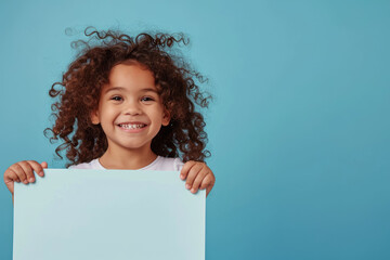 a happy young boy hold a blank sign on pastel blue background - Powered by Adobe