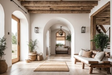 farmhouse hallway interior home of entrance hall with wooden log beam ceiling and door
