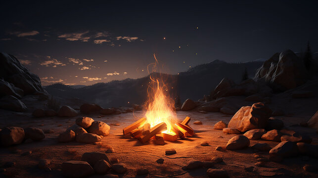 A basic campfire scene, the flames rendered in minimalistic style, 3D rendering