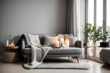 scandinavian interior home design of living room with grey sofa and candle near the window