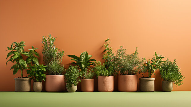 image of minimal herb garden, each plant a study in the subtlety of green shades 3D-rendered