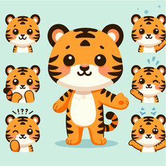 vector cute tiger full body with various expressions. flat cartoon design that is simple and minimalist