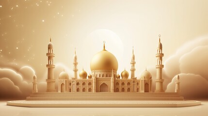 3d illustration of Eid Mubarak background with mosque and moon in the sky.