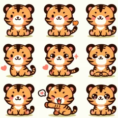 Poster Schattige dieren set vector cute tiger full body with various expressions. flat cartoon design that is simple and minimalist