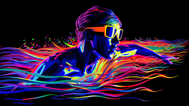 a neon outline of a young swimmer in motion
