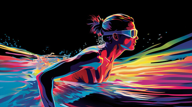 a young swimmer in motion with neon outline of