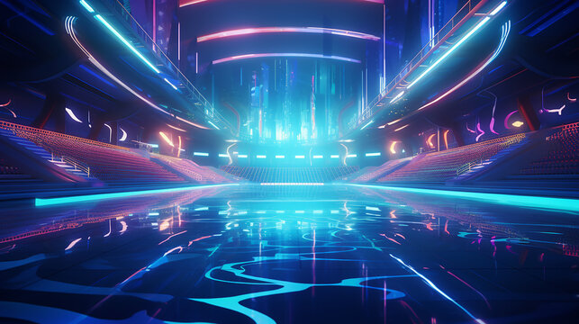 a neon lit 3d render of a high school swim competition