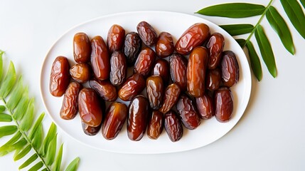 Dates fruit on white plate with green leaf on white background.