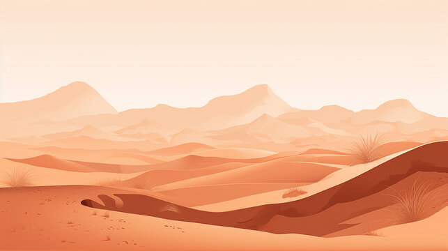 A flat illustration of a minimal desert scene, with rolling dunes captured in a warm,