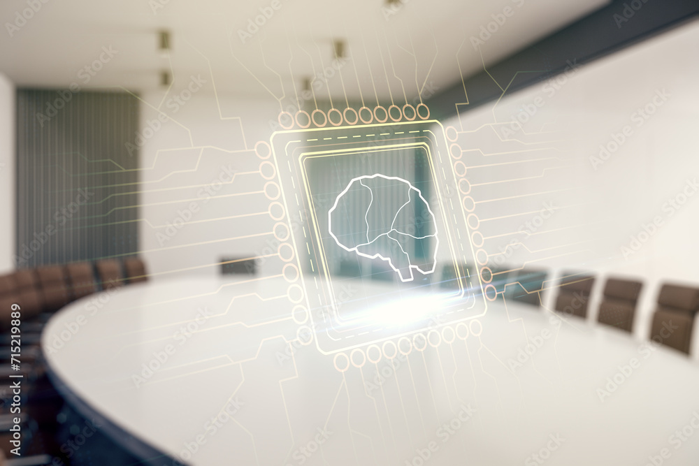 Poster double exposure of creative human brain microcircuit hologram on a modern boardroom background. futu