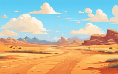 Fototapeta na wymiar Desert landscape with golden sand dunes and rocks under blue cloudy sky, very beautiful view