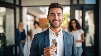 A real estate agent holding house keys, ready for a property tour , real estate agent, house keys, property tour - obrazy, fototapety, plakaty