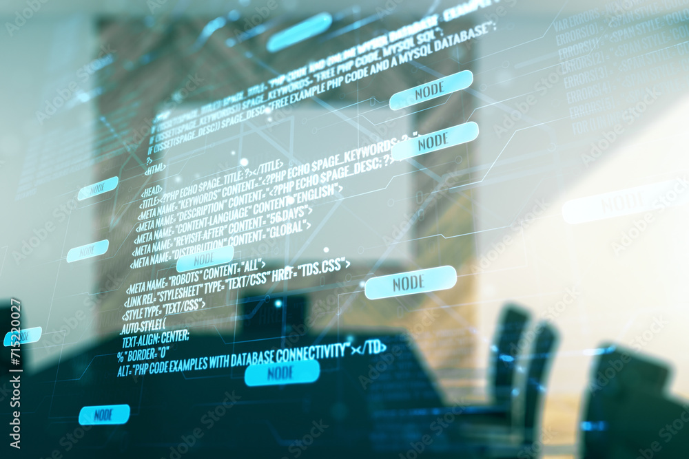 Aufkleber abstract virtual coding illustration on a modern coworking room background, software development con