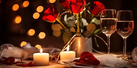 A romantic dinner setting with candles and elegant tableware , romantic dinner, candles, elegant tableware