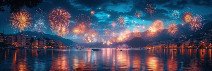 Beautiful Artistic Fireworks Festival Atami Izu, Background HD, Illustrations - obrazy, fototapety, plakaty