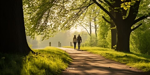 A romantic stroll along a tree,lined path in the golden hour , romantic stroll, tree,lined path, golden hour - obrazy, fototapety, plakaty