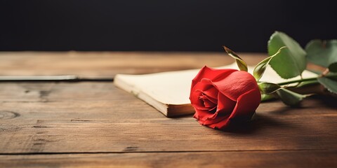 A rose lying on a vintage desk in an empty cozy room , rose, vintage desk, empty room, cozy