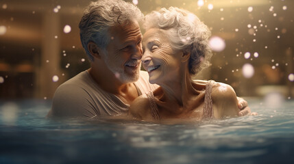a photo realistic 3d scene of an elderly couple in a pool with a blurred backgruond - obrazy, fototapety, plakaty