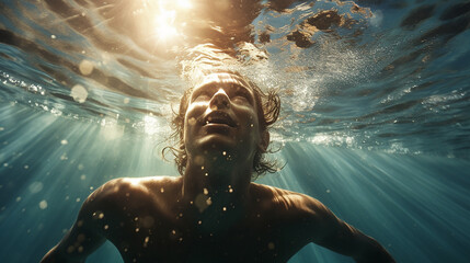 a photo realistic rendering of a swimmers dive captured - obrazy, fototapety, plakaty