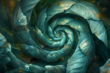 Obraz premium A Green Spiral Background Embodied in Abstraction-Creation, Blending Contemporary Metallurgy with Light Turquoise Tones - A Highly Detailed and Sculptural Expression of Nature's Intricate Beauty