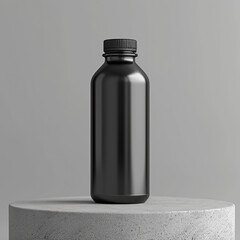 mock up empty black drinking bottle, gray background. Ai generated image
