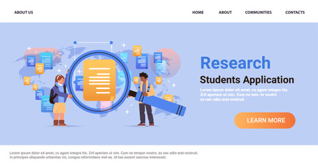 mix race students holding magnifying glass online research e-learning distance education concept horizontal