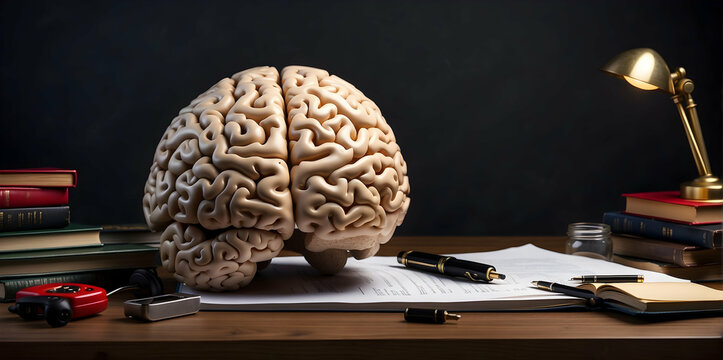 A brain sitting on a table with works say success