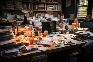 Desk cluttered with paperwork, a computer, and office supplies, showing the daily struggles of office life, Generative AI