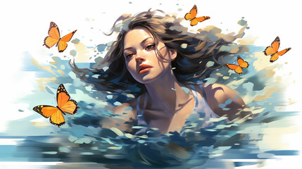 a watercolor style illustration featuring a young woman with butterfly