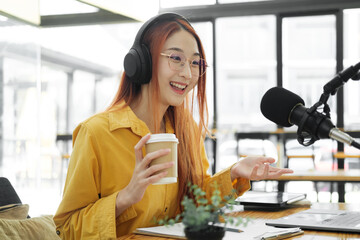 Live Podcast Session with Smiling Female Host.