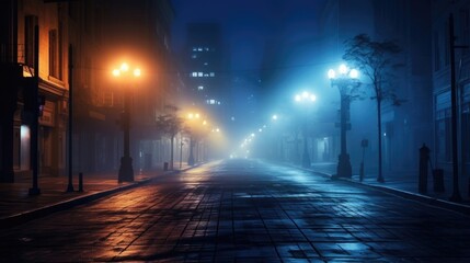 The dimly lit streets enveloped in a dense fog, creating an otherworldly and dreamlike setting for the urban scene.