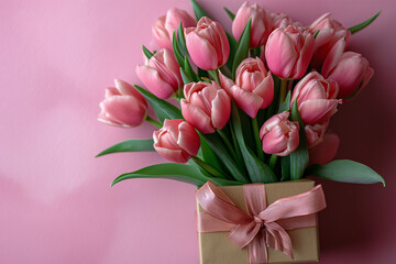 Fototapeta premium Mother's Day or Valentine Romantic Concept - Top View of a Gift Box with Ribbon and a Bouquet of Tulips on a Pink Background, Leaving Room for Heartfelt Messages with Copy Space