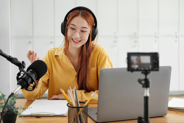 Live Podcast Session with Smiling Female Host.